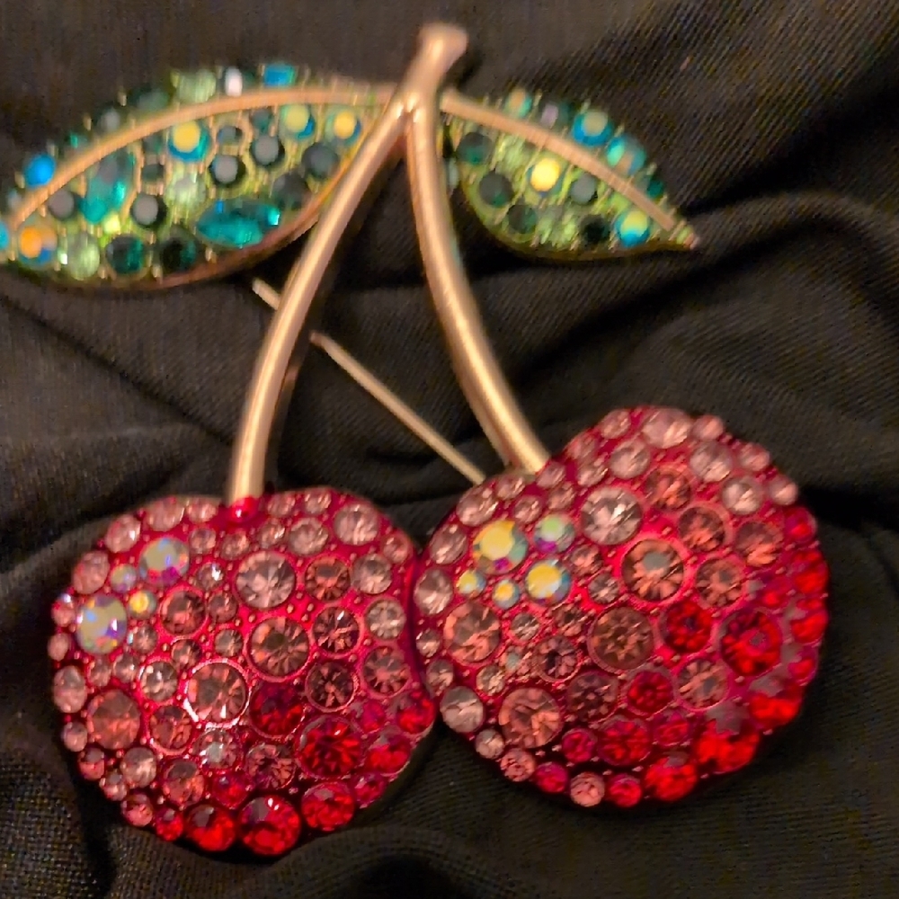 Source Unknown Vibrant Cherry Brooch With Red And… - image 4